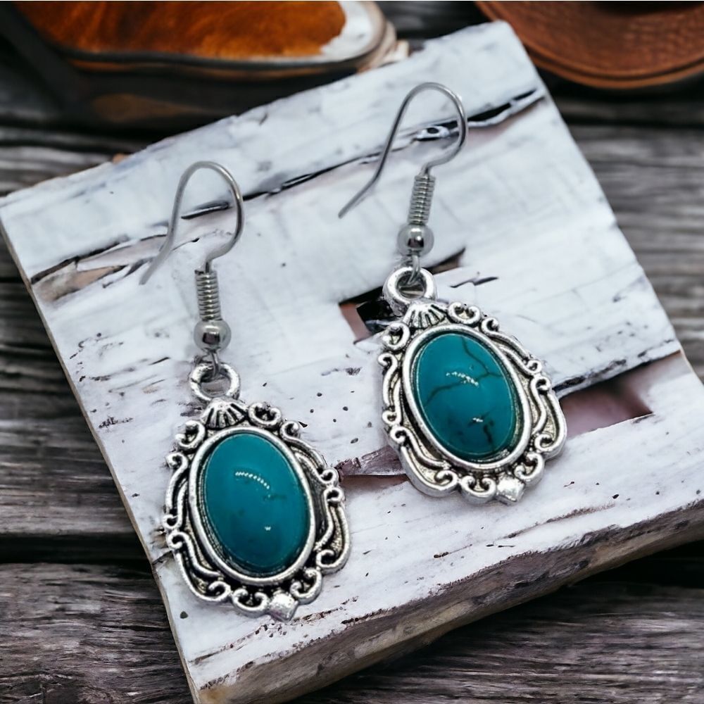 Western Turquoise Oval Beaded Silver Dangle Earrings Bohemian Tribal Jewelry